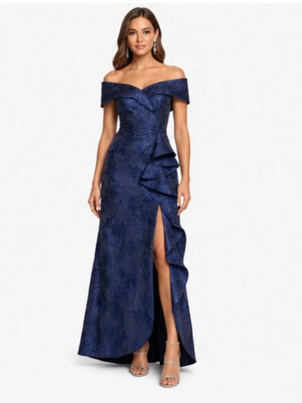 Xscape Blue Metallic Ruffle Off The Shoulder Jacquard Mermaid Gown